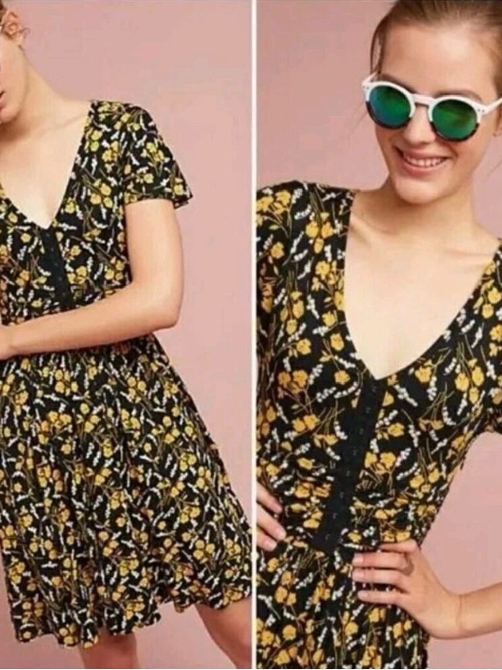 Anthropologie Maeve Paris Summer Breeze Black Dress with Yellow Floral Print M
